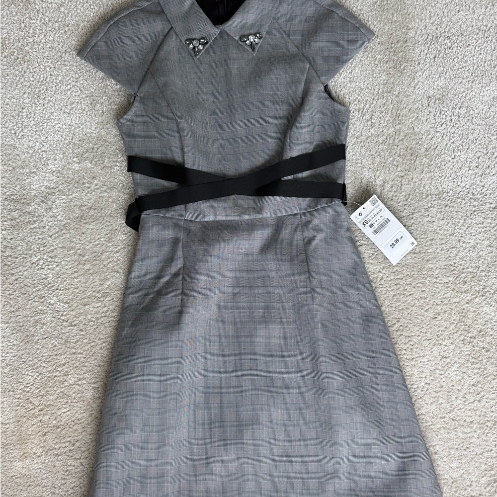 Zara Gray Checkered Mini Dress with Black Stripes